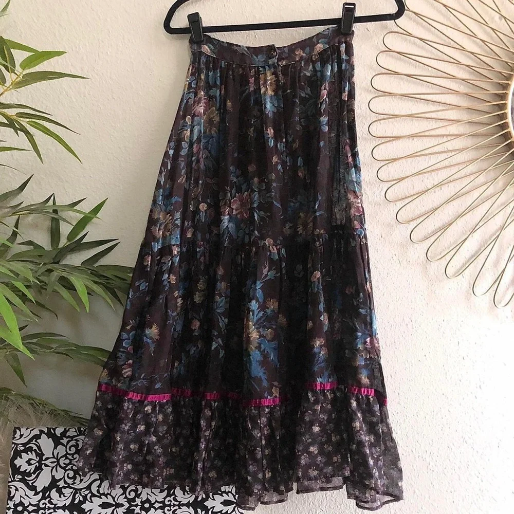 1970s Jessica Gunne Sax Floral Cottagecore Tiered Ruffle Maxi Skirt Pilgrim Boho